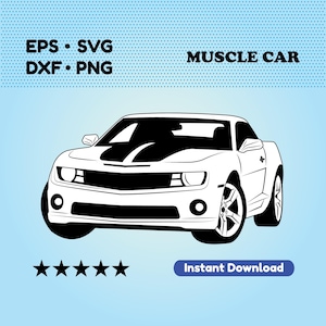 May include: Black and white silhouette of a muscle car. The car has a black stripe down the hood and a black grille. The car is facing forward and the headlights are visible. The text "MUSCLE CAR" is above the car and the text "EPS. SVG DXF. PNG" is below the car.
