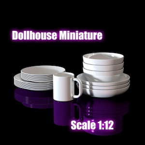 May include: A collection of white dollhouse miniature dishware, including plates, bowls, and a mug. The text "Dollhouse Miniature" and "Scale 1:12" are displayed in a glowing purple font. The items are arranged on a reflective surface.