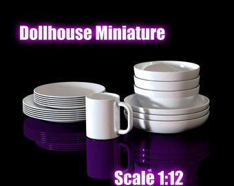 Miniature Dishware Set 1:12 | Plate, Small Side Plate, Soup Bowl, Small Bowl & Tea Mug | Dollhouse Tableware | STL Files for Resin Printing