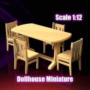Miniature Dining Table and Chairs Set – STL File for 3D Printing, 1:12 Scale Furniture, Dollhouse Accessory. Commercial license STL file
