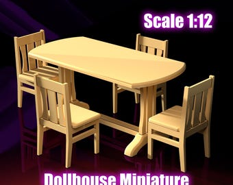 Miniature Dining Table and Chairs Set – STL File for 3D Printing, 1:12 Scale Furniture, Dollhouse Accessory. Commercial license STL file