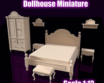 Victorian Bedroom Set – 1/12 Scale Dollhouse Furniture – Resin Printing Miniature, Dollhouse Furniture, Doll Furniture, Miniature Diorama
