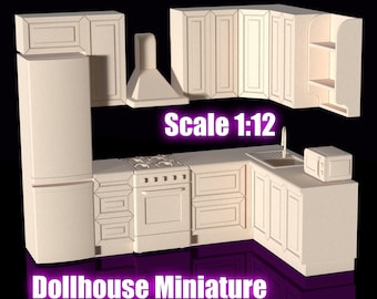 Set da cucina per casa delle bambole in scala 1:12 STL — Armadietti, lavello, fornello a gas, cappa, frigorifero e microonde — Stampa 3D in resina — Download digitale