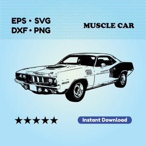 Könnte beinhalten: Schwarz-weiß-Linienzeichnung eines klassischen Muscle Cars. Das Auto hat eine lange Motorhaube, ein abgerundetes Dach und eine große Heckscheibe. Das Auto ist zum Betrachter gerichtet und hat einen detaillierten Kühlergrill und Scheinwerfer. Der Text "MUSCLE CAR" befindet sich über dem Auto.
