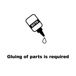 以下が含まれることがあります： ラベルに「GLUE」の文字が入った、黒と白の接着剤ボトルのイラストで、一滴を滴下しています。「部品の接着が必要です」というテキストが下にあります。