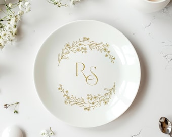 Monogrammed Wedding Plate | Floral Wreath, Personalized Keepsake
