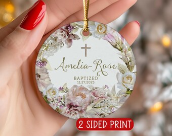Personalized Baptism Ornament | Floral Ceramic Christening Keepsake