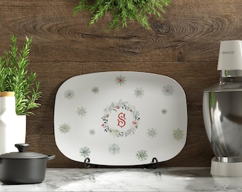 Monogrammed Christmas Platter | Watercolor Crest Serving Tray