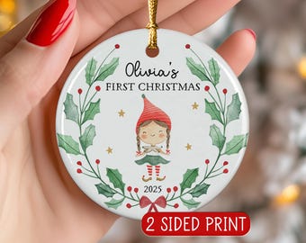 Personalized Baby's First Christmas Ornament – Watercolor Elf Girl Ceramic Keepsake