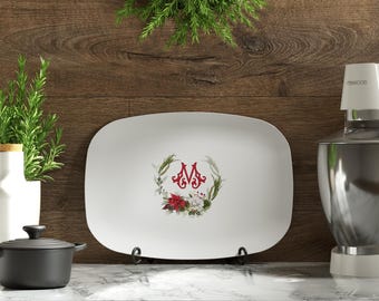 Custom Monogram Christmas Wreath Platter: Personalized Holiday Serving Tray