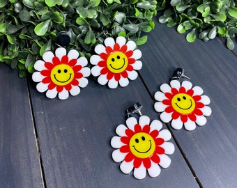 Katy Perry clown daisy earrings, daisy, red, yellow, white, smiley face