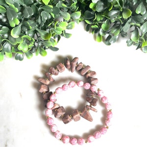 Pink and Gray beaded  bracelet for women, set bracelets, stack bracelet