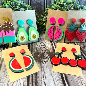 watermelon earrings, popsicle earrings , avocado earrings  , cherries , red watermelon and strawberry jumbo dangle earrings emo kawaii fruit