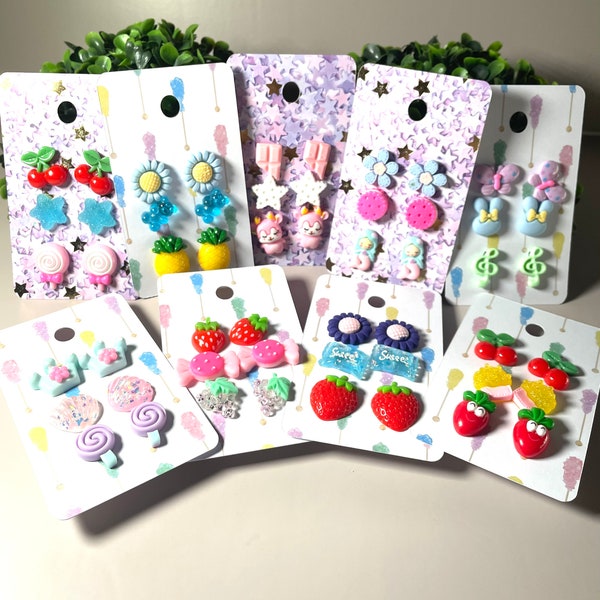 3 pair set kawaii earrings, candy jewelry, fruit jewelry, cute animals, kawaii chocolate bars, kawaii cabochan earrings