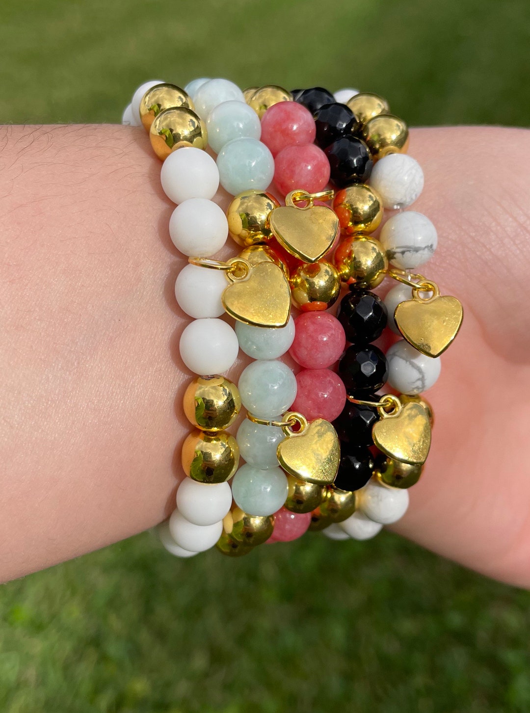 Gold Beaded Bracelets for Women and Everyday Heart Charm Etsy