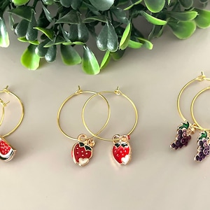 Fruity Earrings,  dangle charm hoops , kawaii jewelry , food jewelry , fruit jewelry , gold tone jewelry