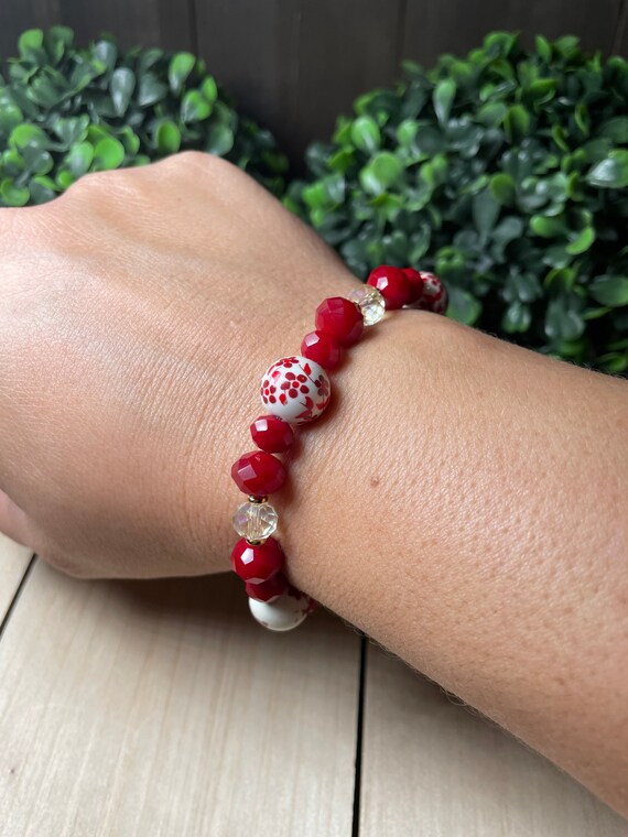 Bracelet Vintage 2 Rangs De Perles Rouges Et Blanches Brillantes - Occasion - Modèle 4403