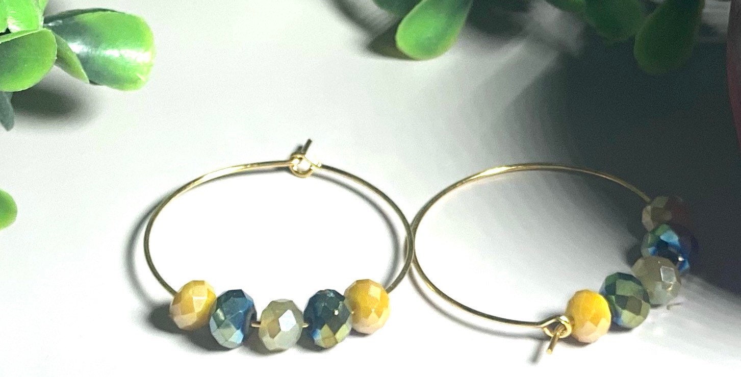 Glass bead hoop earrings silver tone wire Etsy