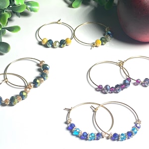 Glass bead hoop earrings silver tone wire
