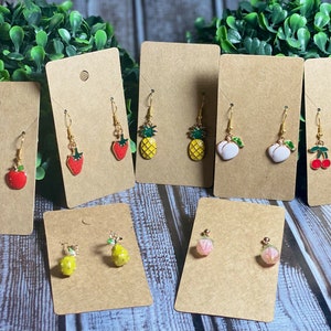 Dangle fruit handmade enamel earrings, apple, strawberry, pineapple, peach, cherries, pears, fruit jewelry, food jewelry