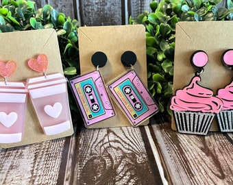 80’s and 90’s jumbo earrings,medium size pink drink coffee, jumbo cassette tape, jumbo Barbie cupcakes big bold hip hop kawaii watermelon