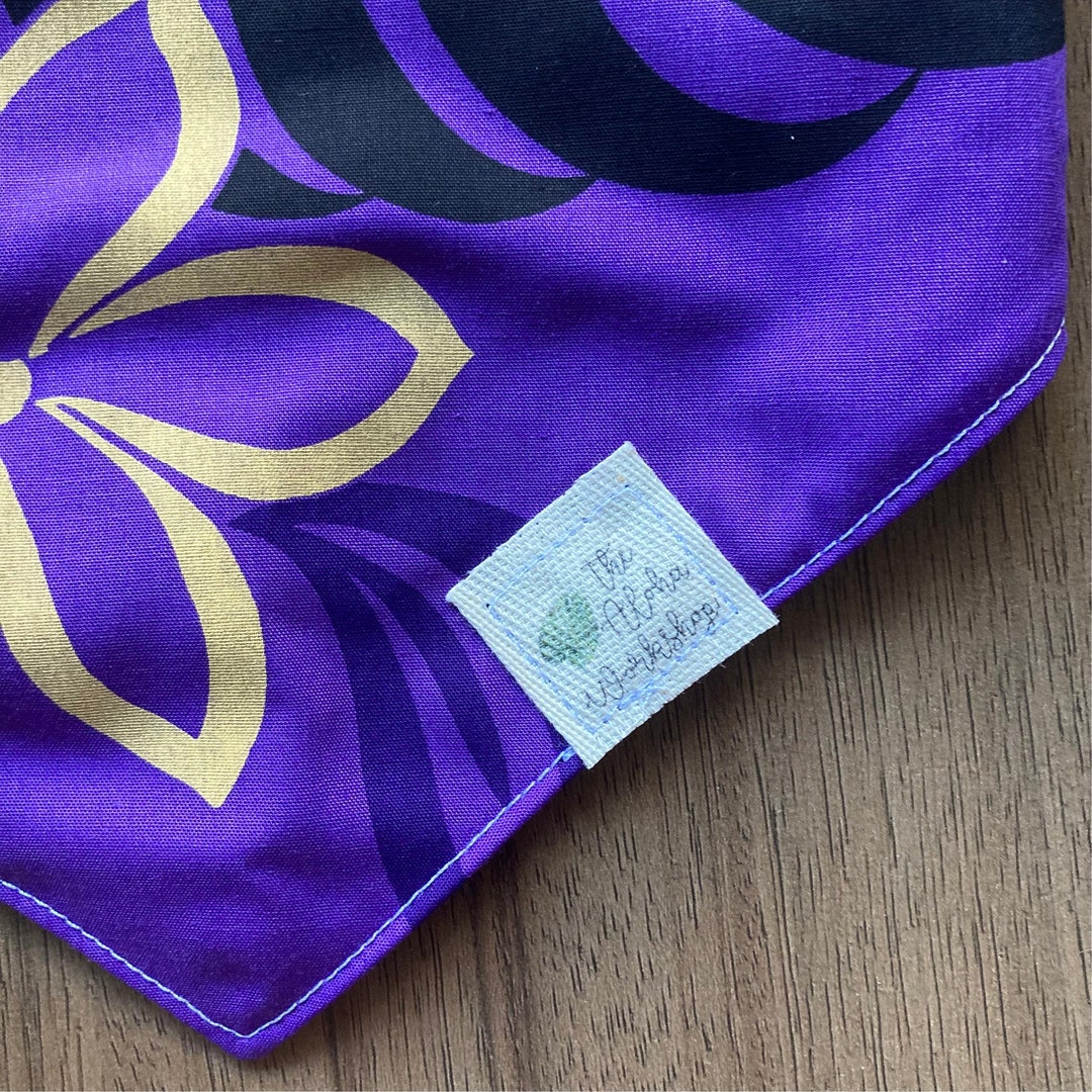 Kauai Purple Flower Leaf Dog Bandanas Black Gold White Snap on Pet