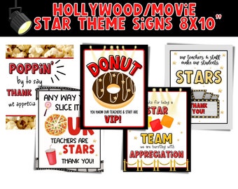Hollywood Movie Star Teacher Appreciation Week signs. Donut Sign, Popcorn Sign, Candy Sign, Pizza sign.