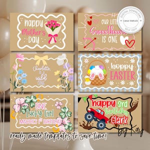 May include: A collection of six brown card templates with various designs and text. The templates include phrases like "Happy Mother's Day," "Our Little Sweetheart is One," and "Happy Easter." Other templates say "Charlotte is a wild one," "One Lucky Girl," and "Happy 3rd Birthday."