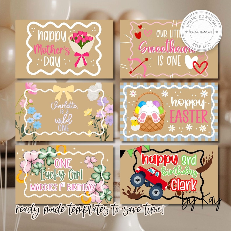 May include: A collection of six brown card templates with various designs and text. The templates include phrases like "Happy Mother's Day," "Our Little Sweetheart is One," and "Happy Easter." Other templates say "Charlotte is a wild one," "One Lucky Girl," and "Happy 3rd Birthday."