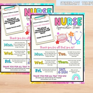 K&ouml;nnte beinhalten: Ein bunter Batik-Hintergrund mit einem wei&szlig;en Rahmen und dem Text "Nurse Appreciation Week!" Der Text ist in einer Regenbogen-Schriftart. Es gibt mehrere Symbole, darunter ein Stethoskop, eine Spritze und eine Gesichtsmaske. Der Text "Thank you for all that you do!" befindet sich am unteren Rand des Rahmens. Die Wochentage sind mit Aktivit&auml;ten f&uuml;r jeden Tag aufgelistet.