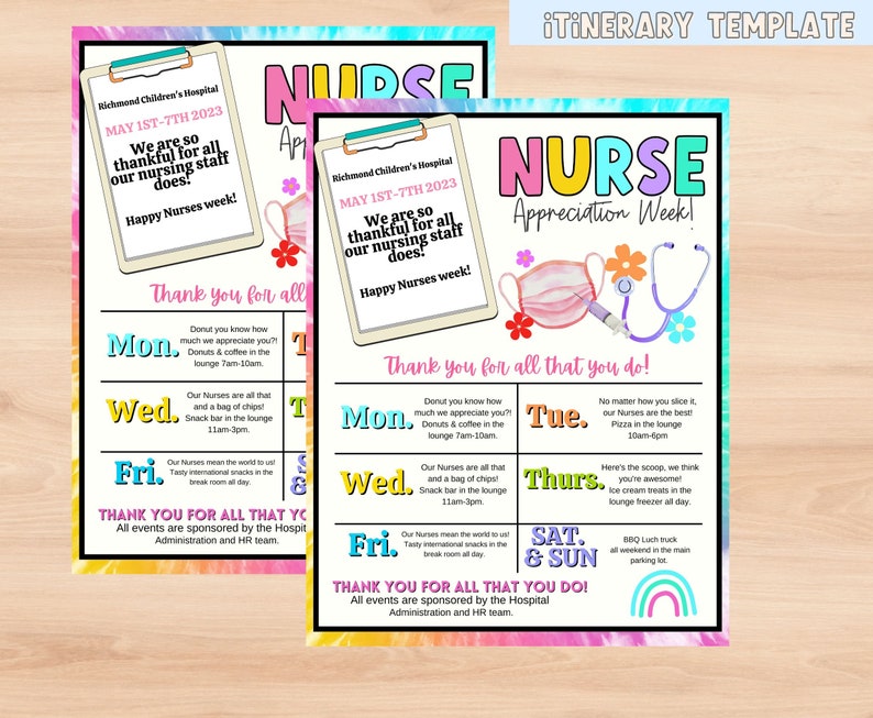 K&ouml;nnte beinhalten: Ein bunter Batik-Hintergrund mit einem wei&szlig;en Rahmen und dem Text "Nurse Appreciation Week!" Der Text ist in einer Regenbogen-Schriftart. Es gibt mehrere Symbole, darunter ein Stethoskop, eine Spritze und eine Gesichtsmaske. Der Text "Thank you for all that you do!" befindet sich am unteren Rand des Rahmens. Die Wochentage sind mit Aktivit&auml;ten f&uuml;r jeden Tag aufgelistet.