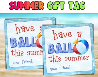 May include: Two blue and white gift tags with a beach ball graphic and the text "have a ball this summer" and "your friend."
