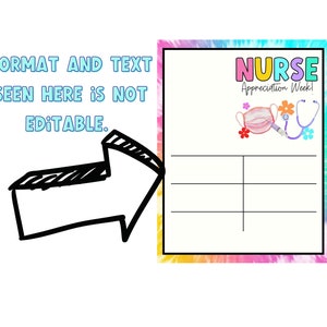 K&ouml;nnte beinhalten: Eine druckbare Karte mit einem Batik-Hintergrund und dem Text "NURSE Appreciation Week!" in Regenbogenfarben. Die Karte zeigt ein Cartoon-Bild einer Gesichtsmaske, eines Stethoskops und einer Spritze. Es gibt f&uuml;nf leere Zeilen zum Schreiben.