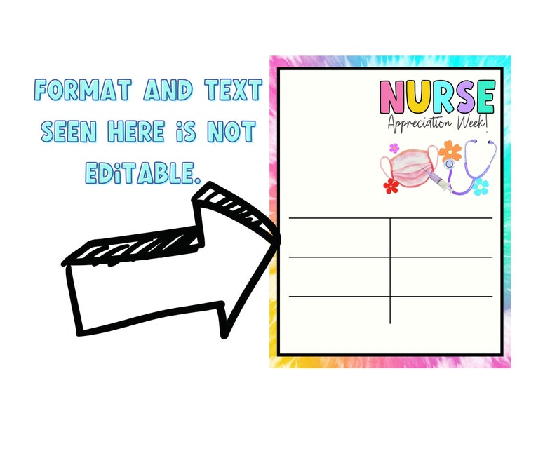 K&ouml;nnte beinhalten: Eine druckbare Karte mit einem Batik-Hintergrund und dem Text "NURSE Appreciation Week!" in Regenbogenfarben. Die Karte zeigt ein Cartoon-Bild einer Gesichtsmaske, eines Stethoskops und einer Spritze. Es gibt f&uuml;nf leere Zeilen zum Schreiben.