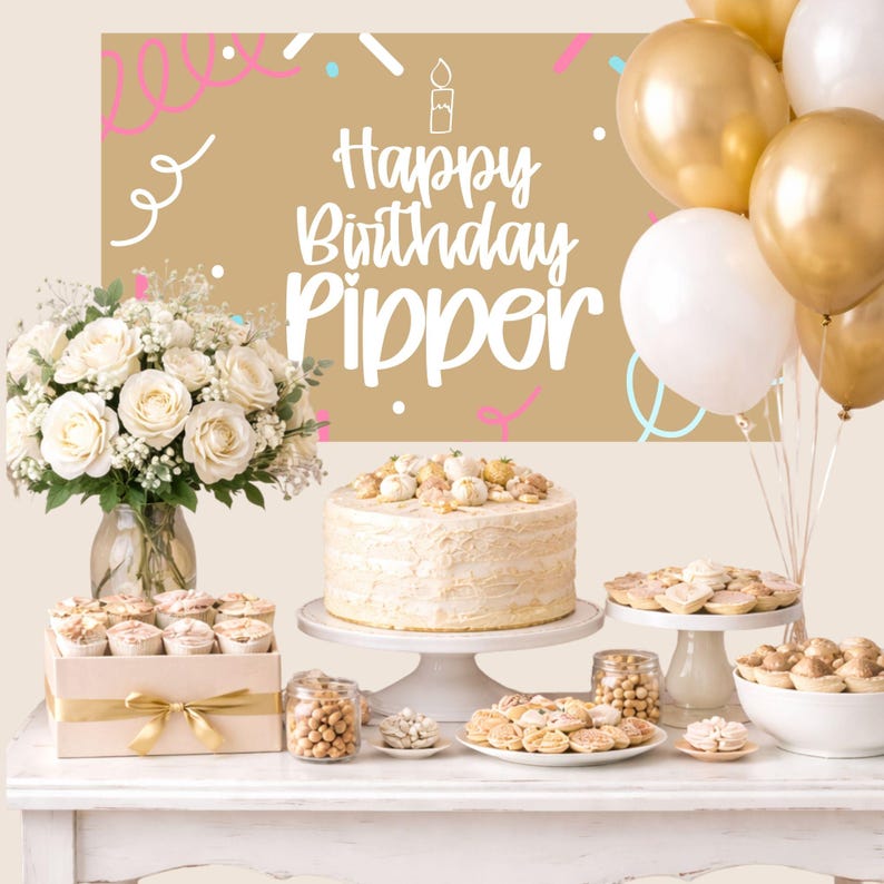 May include: A birthday celebration featuring a cake, cupcakes, cookies, and balloons. The cake is on a white stand and has a decorative topping. The banner says "Happy Birthday Pipper". Gold and white balloons are in the background.