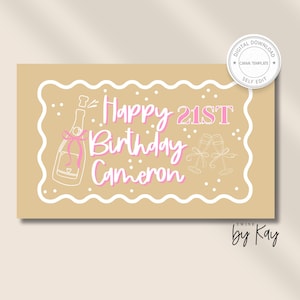 Puede incluir: Tarjeta de cumpleaños color beige con borde blanco festoneado. El texto rosa dice "Happy 21st Birthday Cameron", con ilustraciones de una botella de champán y dos copas de champán.