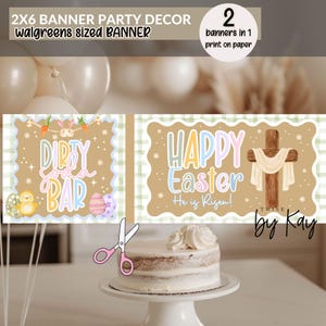 May include: Two Easter-themed banners with the text "Dirty Soda Bar" and "Happy Easter He is Risen!". The banners are brown with pastel accents and scalloped edges. The image also includes a cake and scissors.