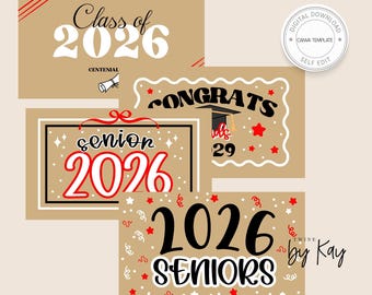 May include: A collection of graduation-themed cards with text that reads "Class of 2026", "Senior 2026", and "2026 Seniors". The cards are in shades of brown, red, and white, with decorative elements like stars and confetti.