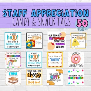 Snack and Candy treat tags for employee, teacher, nurse appreciation. 50 popular candy designs.