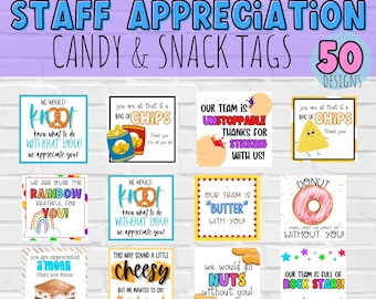Snack and Candy treat tags for employee, teacher, nurse appreciation. 50 popular candy designs.
