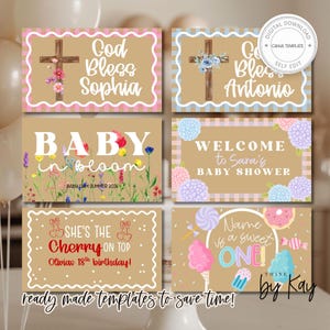 May include: A collection of six customizable templates with a kraft paper background. Designs include religious themes with crosses and floral accents, baby shower announcements, and birthday party invitations. The text includes "God Bless", "Baby in Bloom", and "She's the Cherry on Top".