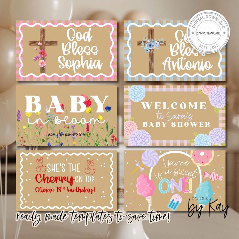 May include: A collection of six customizable templates with a kraft paper background. Designs include religious themes with crosses and floral accents, baby shower announcements, and birthday party invitations. The text includes "God Bless", "Baby in Bloom", and "She's the Cherry on Top".