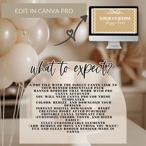 May include: A digital design template displayed on a computer monitor. The screen shows a banner design with the text "YOUR CUSTOM design here". The image includes text that says "EDIT IN CANVA PRO" and "what to expect?"