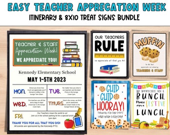 May include: A printable set of teacher appreciation week signs. The signs feature a variety of themes, including muffins, chips, and a festive lunch. The signs are designed to be printed on 8x10 inch paper and include a schedule of events for the week.