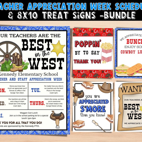 Western Theme Teacher Appreciation Week itinerary. Flyer Template for teacher appreciation.Best in the West Week theme appreciaiton week.