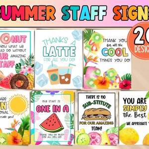 Könnte beinhalten: 20 druckbare Schilder zur Wertschätzung des Personals im Sommer-Design mit bunten Illustrationen von Donuts, Lattes, Wassermelonen und anderen sommerlichen Leckereien. Die Schilder enthalten Sätze wie "Donut know what we would do without our amazing staff" und "You are simply the best".
