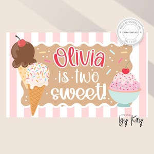 May include: A digital birthday invitation with an ice cream theme. The design features ice cream cones and a bowl of ice cream, with the text "Olivia is two sweet!" in a playful font. The background has pink stripes.