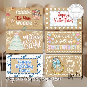 May include: A collection of six greeting card templates with various designs and text. The cards feature phrases like "Gobble 'til You Wobble," "Happy Valentines," and "Merry & Bright." The templates are on a tan background with decorative elements.