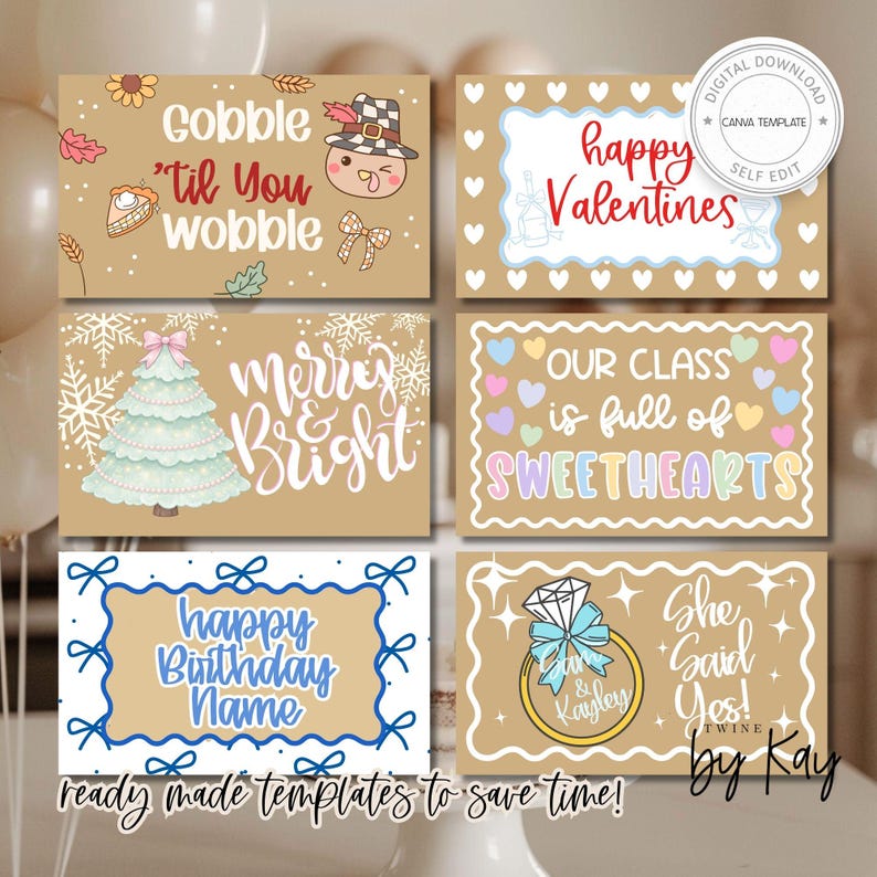 May include: A collection of six greeting card templates with various designs and text. The cards feature phrases like "Gobble 'til You Wobble," "Happy Valentines," and "Merry & Bright." The templates are on a tan background with decorative elements.