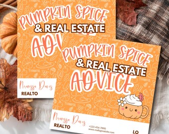 May include: Two square orange cards with the text "Pumpkin Spice & Real Estate Advice". One card features a cute pumpkin spice latte graphic. The cards also include the name "Marissa Davis, REALTOR".
